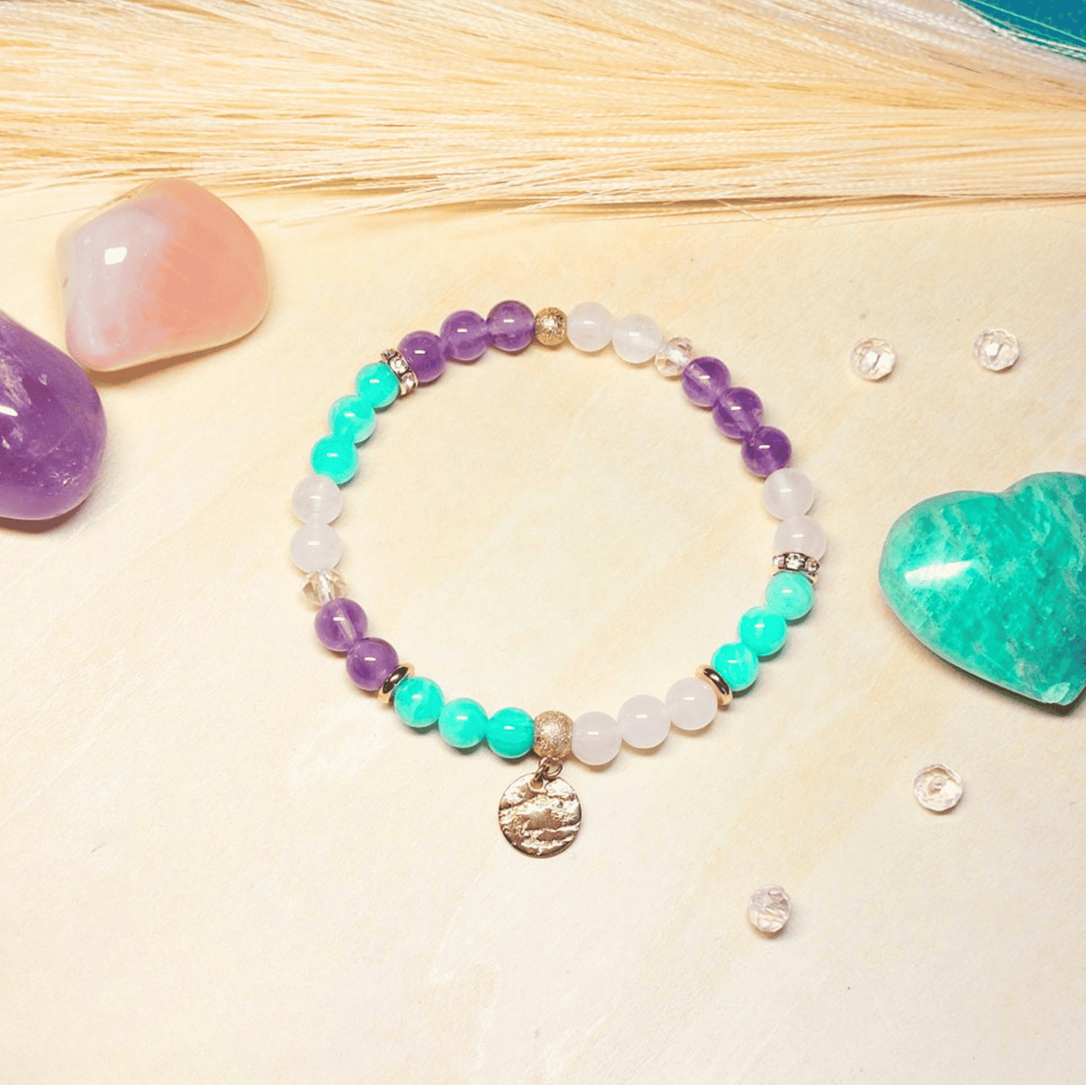 Bracelet Athéna – Amazonite, Améthyste & Quartz Rose