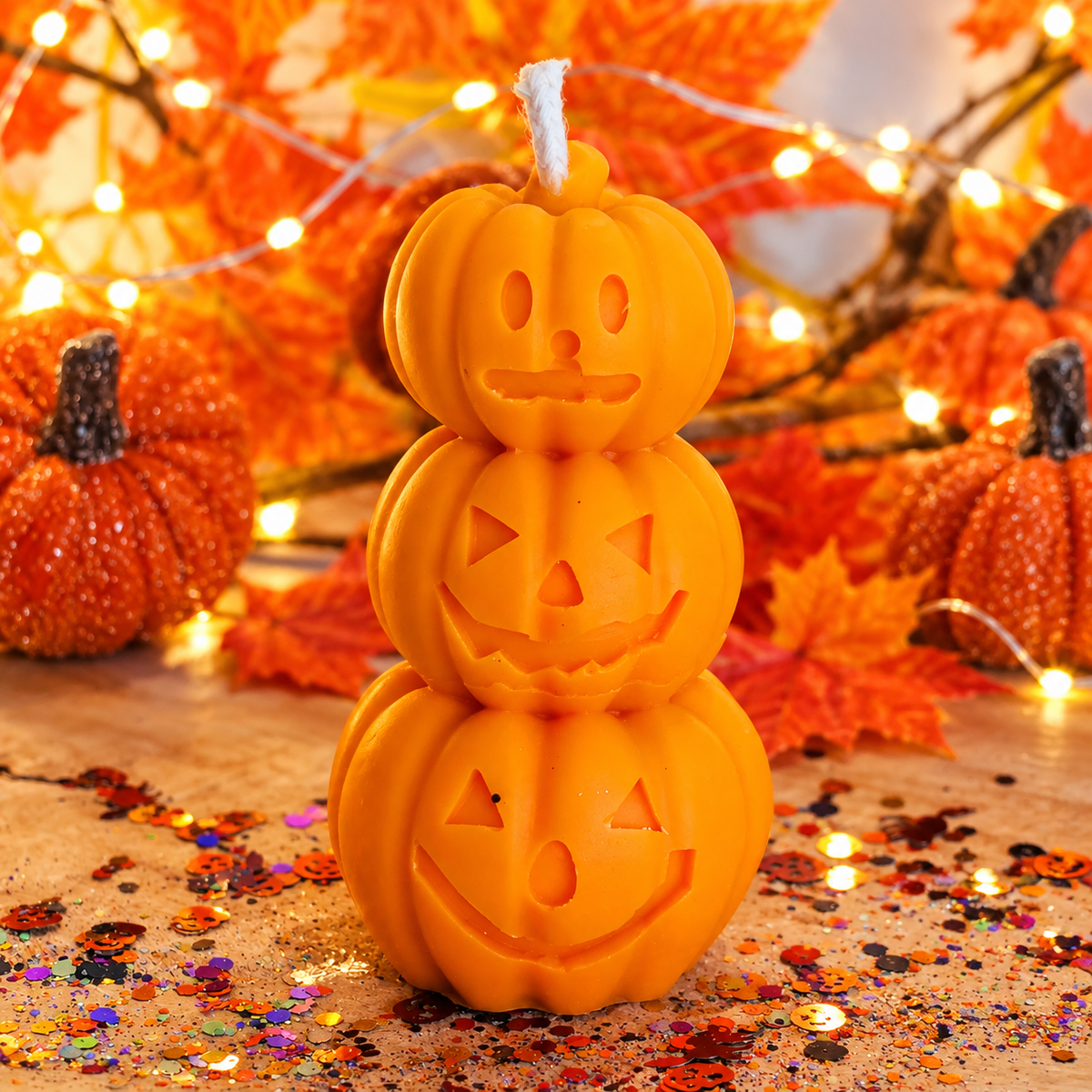 Bougie Halloween Artisanale – 3 Citrouilles Empilées 🎃