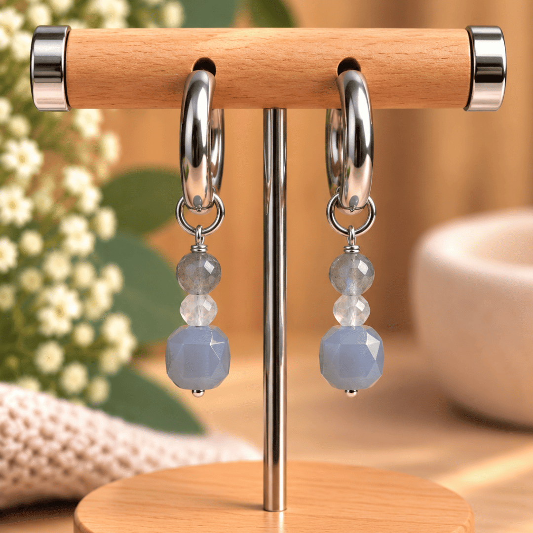 Créoles CARLA – Agate grise, labradorite et pierre de lune