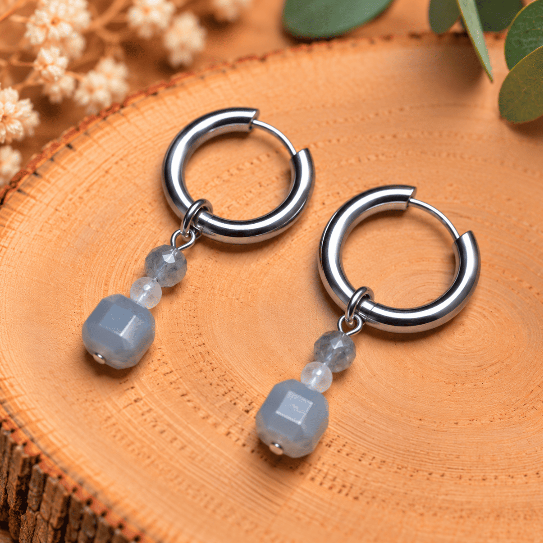 Créoles CARLA – Agate grise, labradorite et pierre de lune