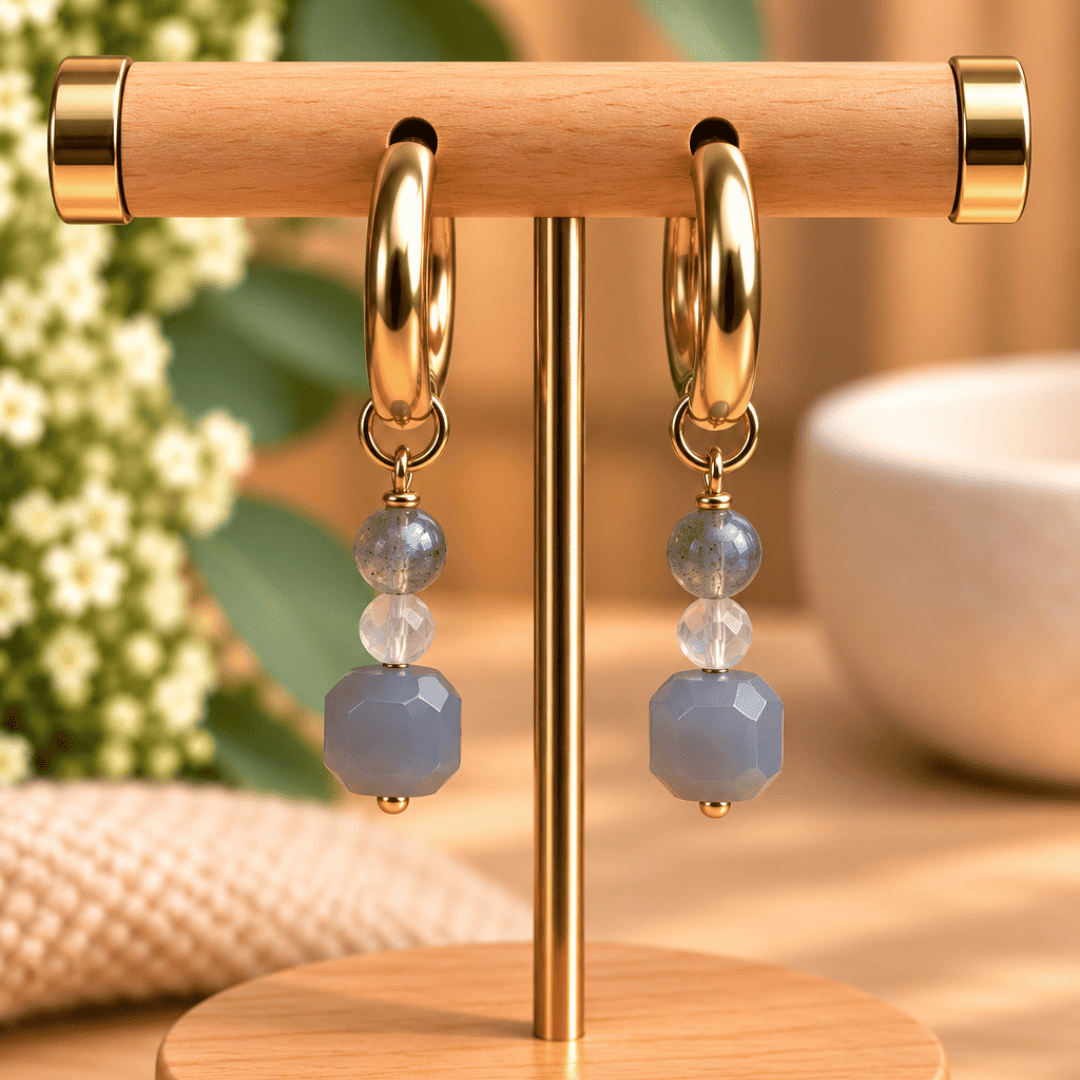 Créoles CARLA – Agate grise, labradorite et pierre de lune