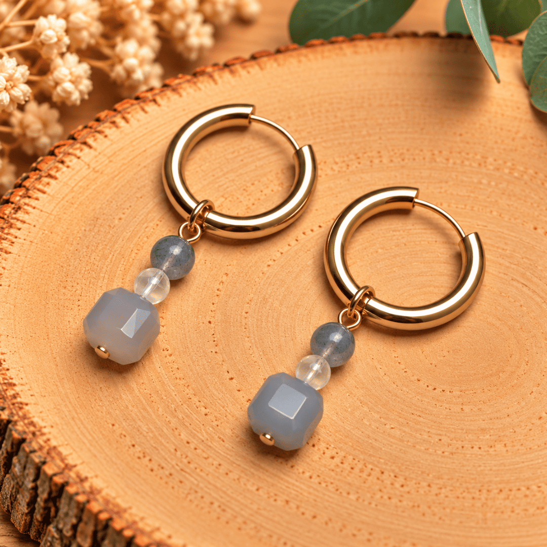 Créoles CARLA – Agate grise, labradorite et pierre de lune