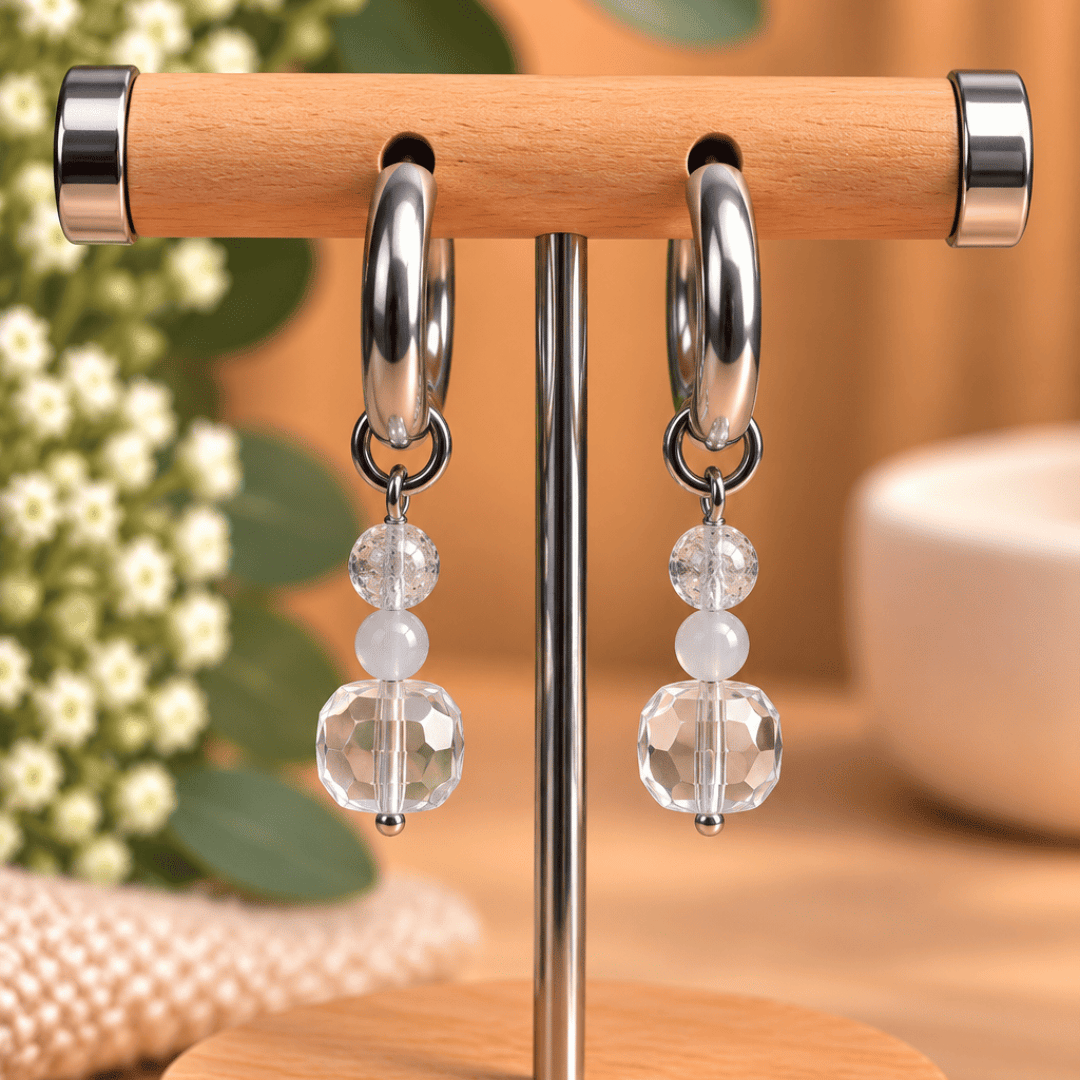 Créoles CARLA – Cristal de roche, cristal de roche irisé et cristal de verre