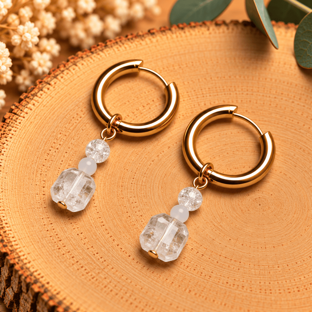 Créoles CARLA – Cristal de roche, cristal de roche irisé et cristal de verre