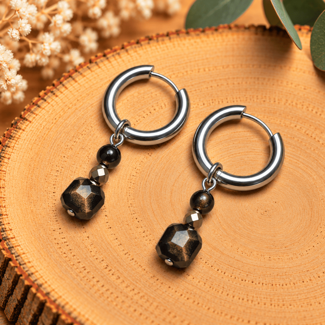 Créoles CARLA – Obsidienne dorée, pyrite et cristal de verre