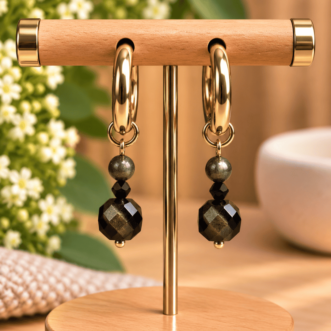 Créoles CARLA – Obsidienne dorée, pyrite et cristal de verre