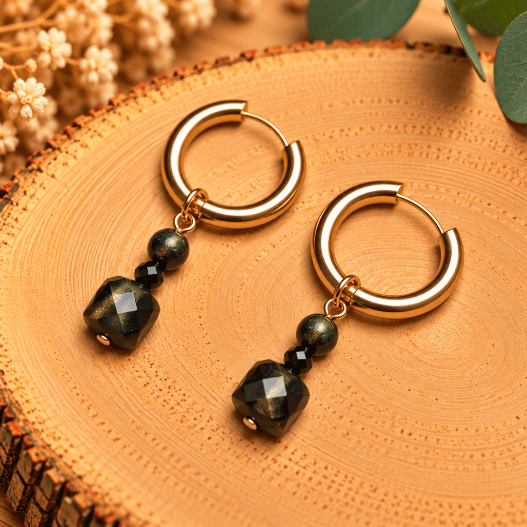 Créoles CARLA – Obsidienne dorée, pyrite et cristal de verre