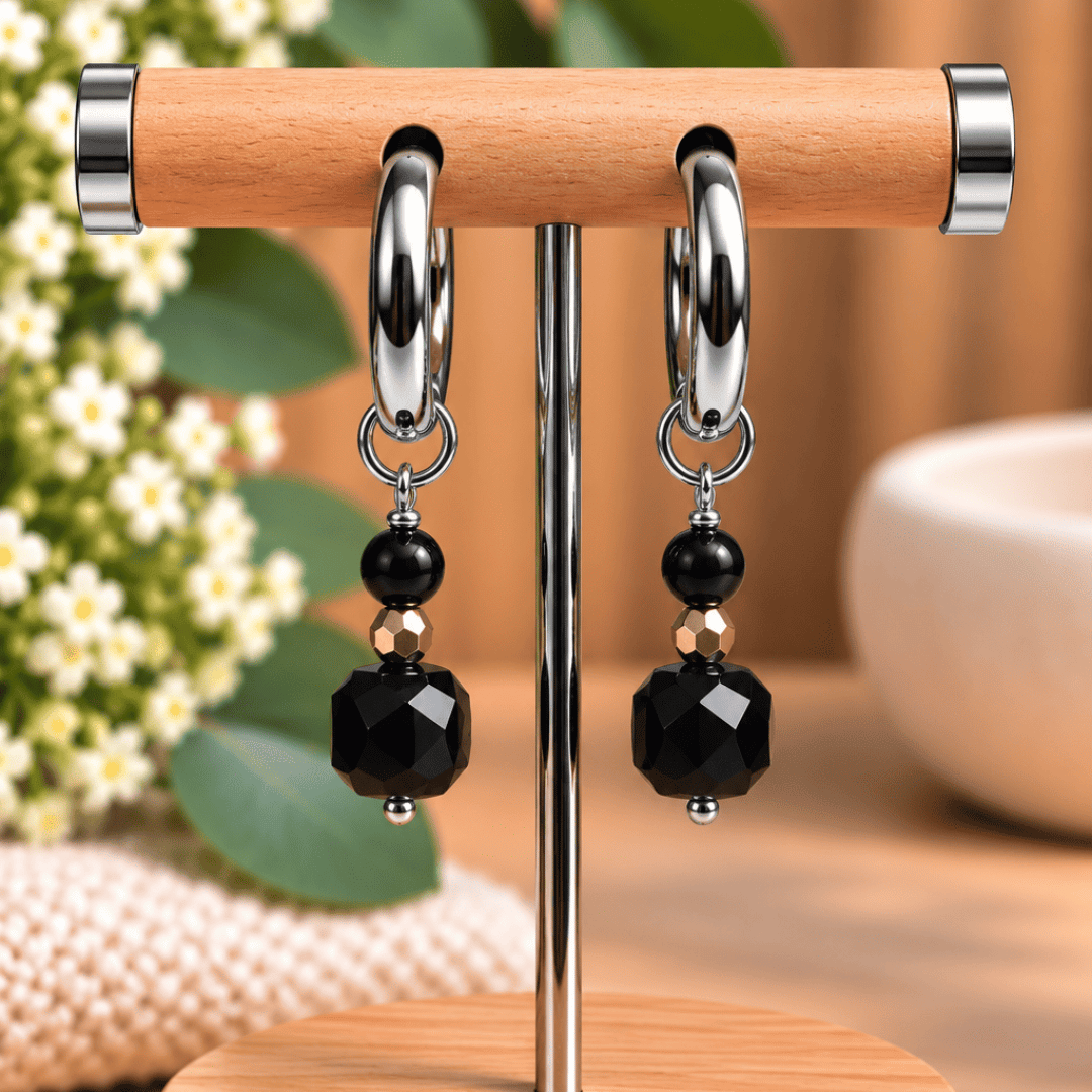 Créoles CARLA – Obsidienne noire et cristal de verre