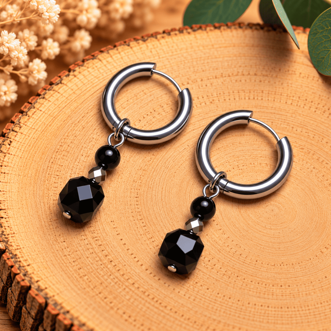 Créoles CARLA – Obsidienne noire et cristal de verre