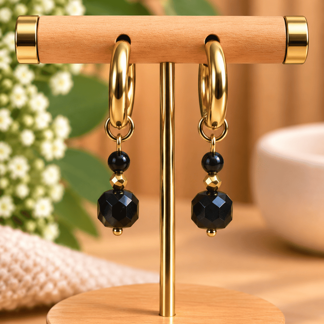 Créoles CARLA – Obsidienne noire et cristal de verre
