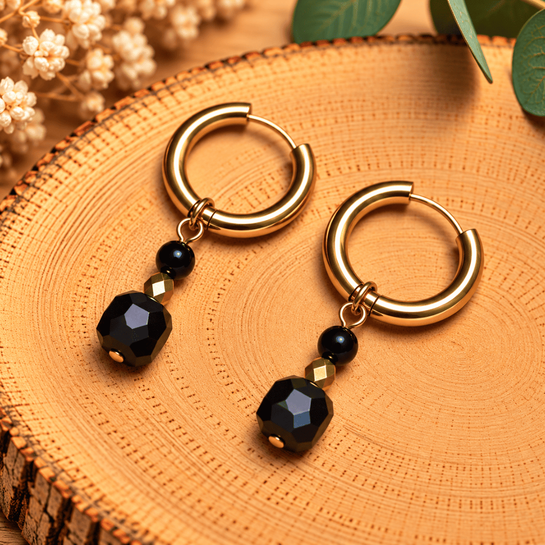 Créoles CARLA – Obsidienne noire et cristal de verre