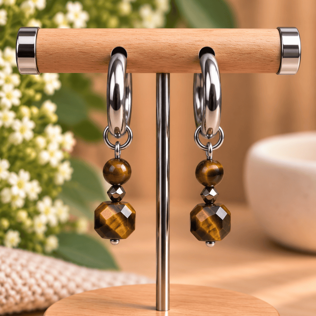 Créoles CARLA – Œil de tigre et cristal de verre