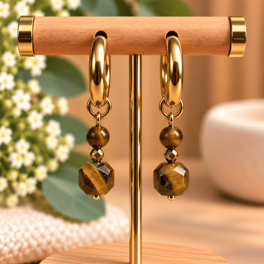 Créoles CARLA – Œil de tigre et cristal de verre