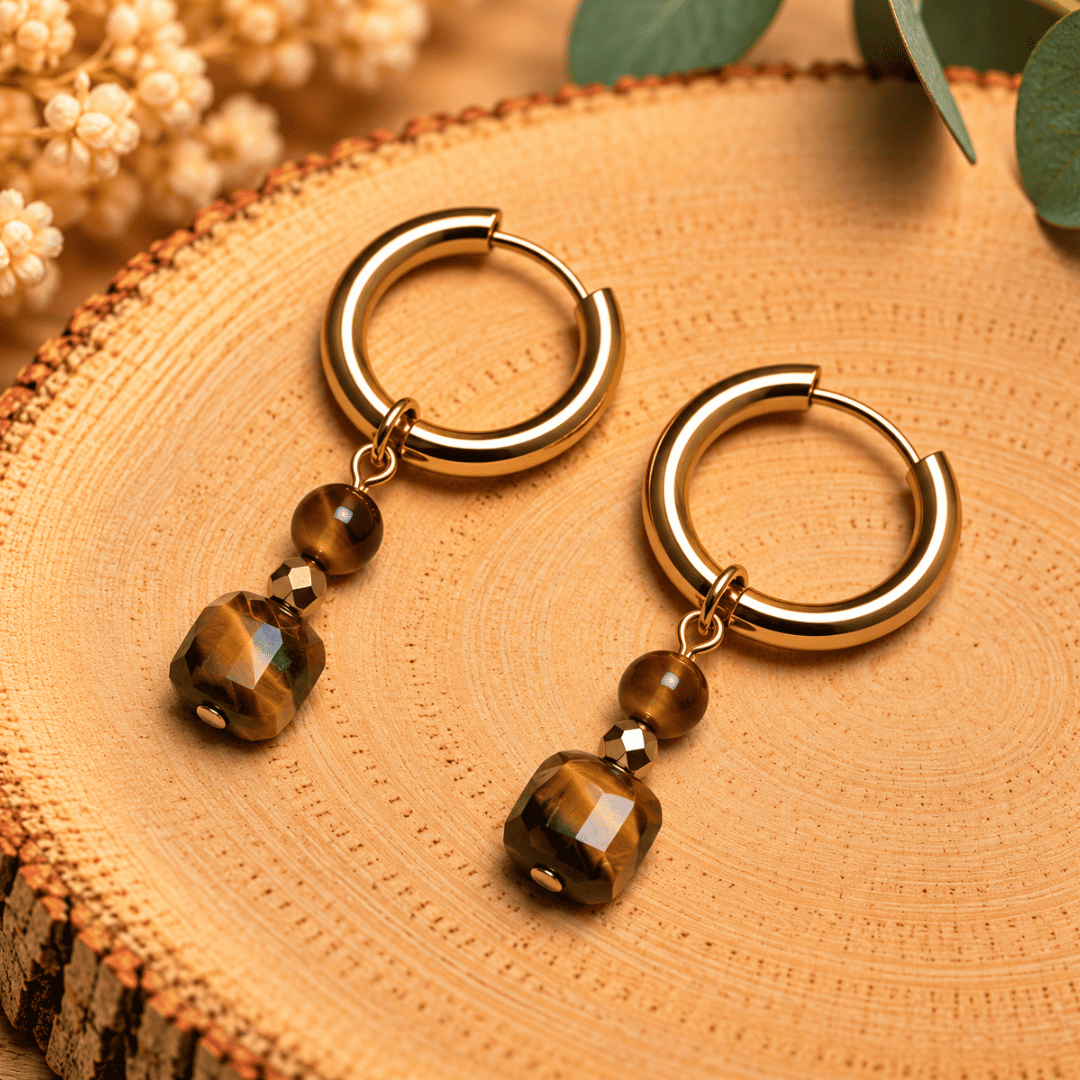 Créoles CARLA – Œil de tigre et cristal de verre