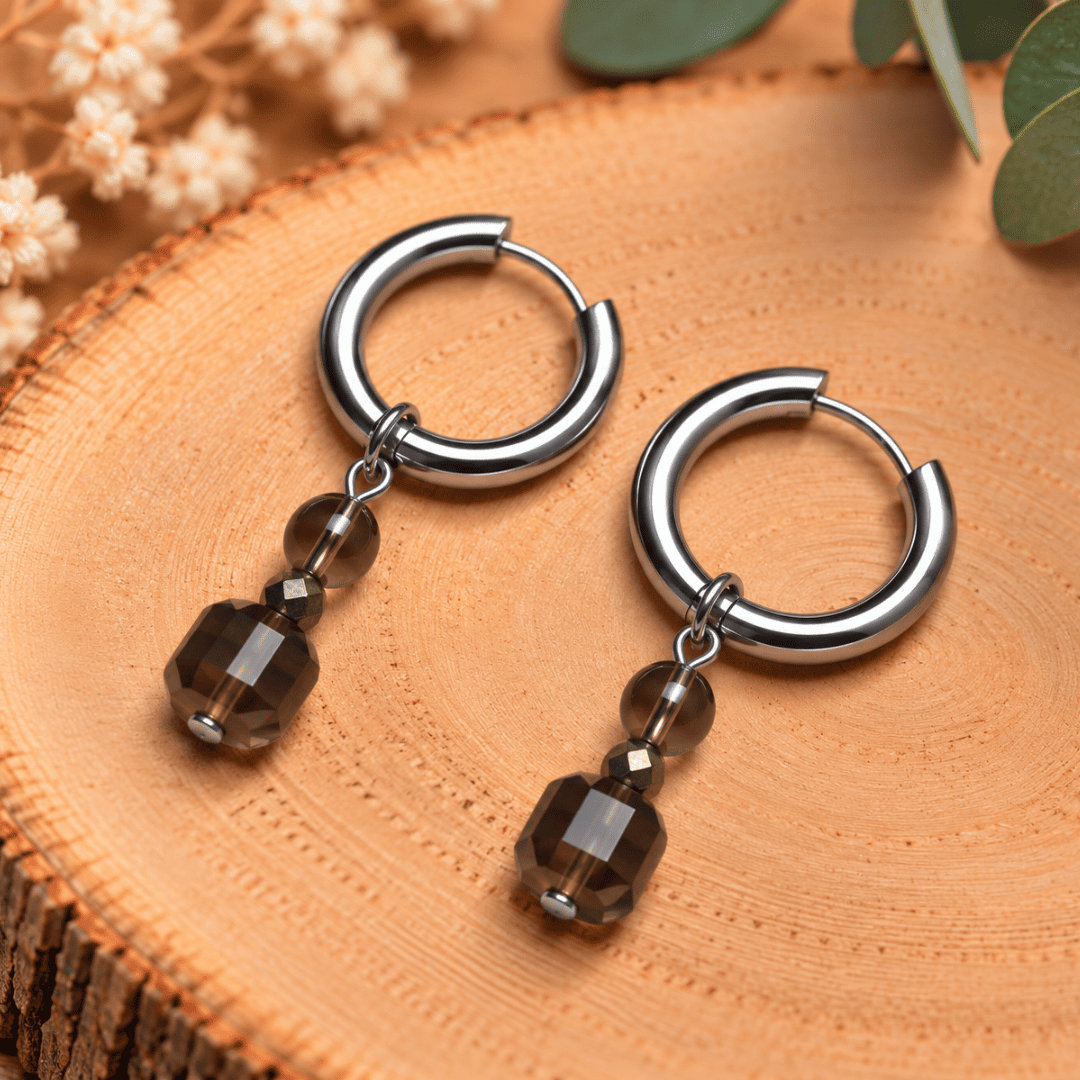 Créoles CARLA – Quartz fumé et cristal de verre