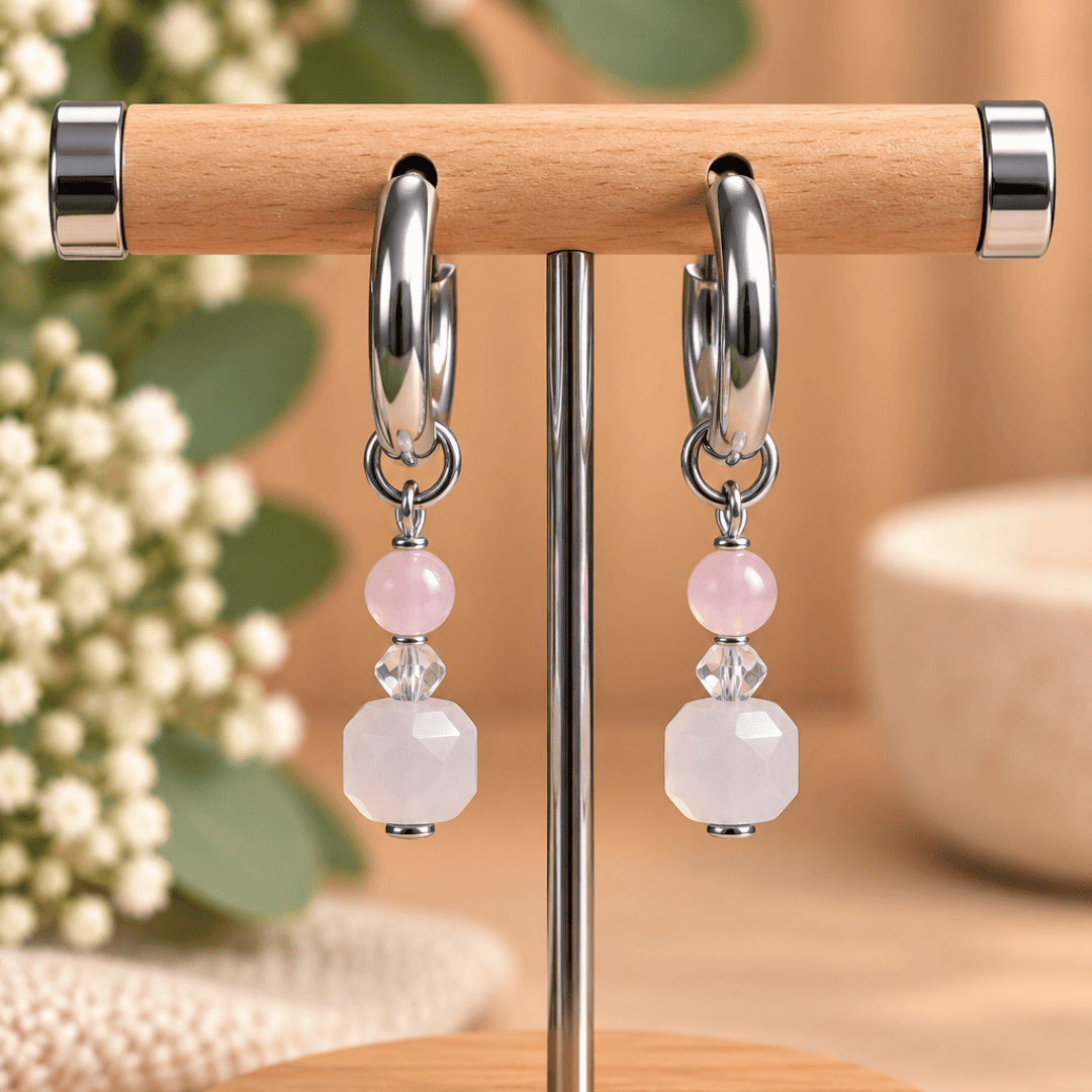 Créoles CARLA – Quartz rose et cristal de verre