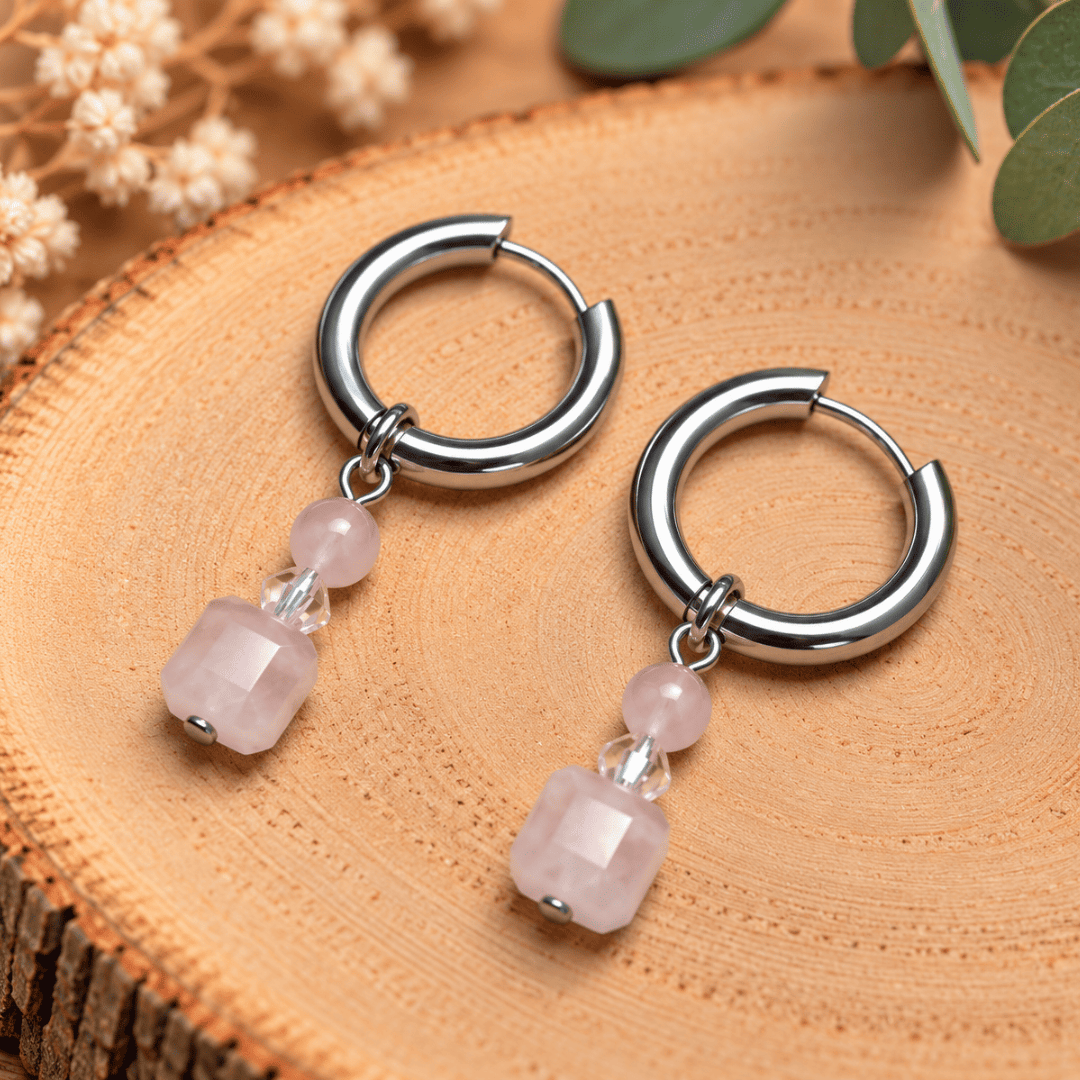 Créoles CARLA – Quartz rose et cristal de verre