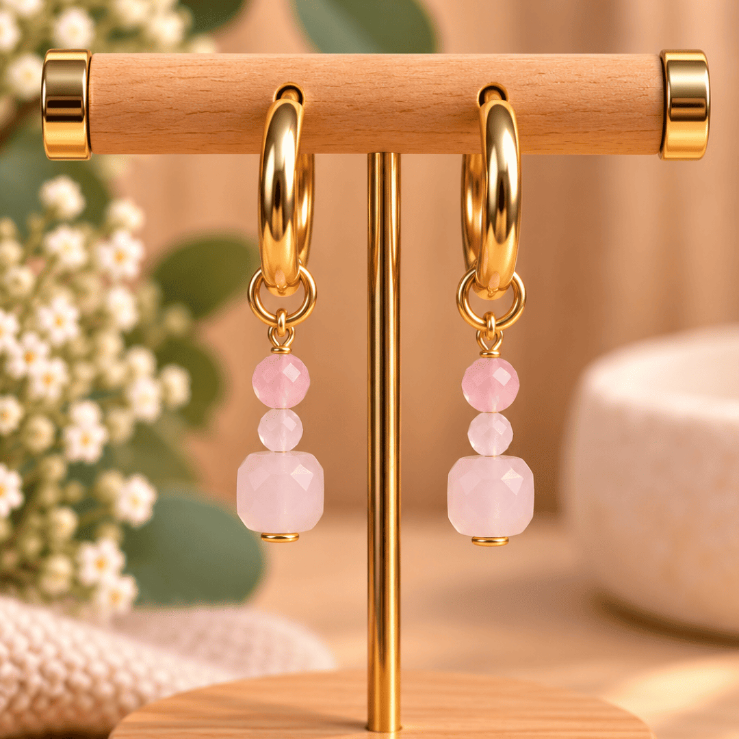 Créoles CARLA – Quartz rose et cristal de verre
