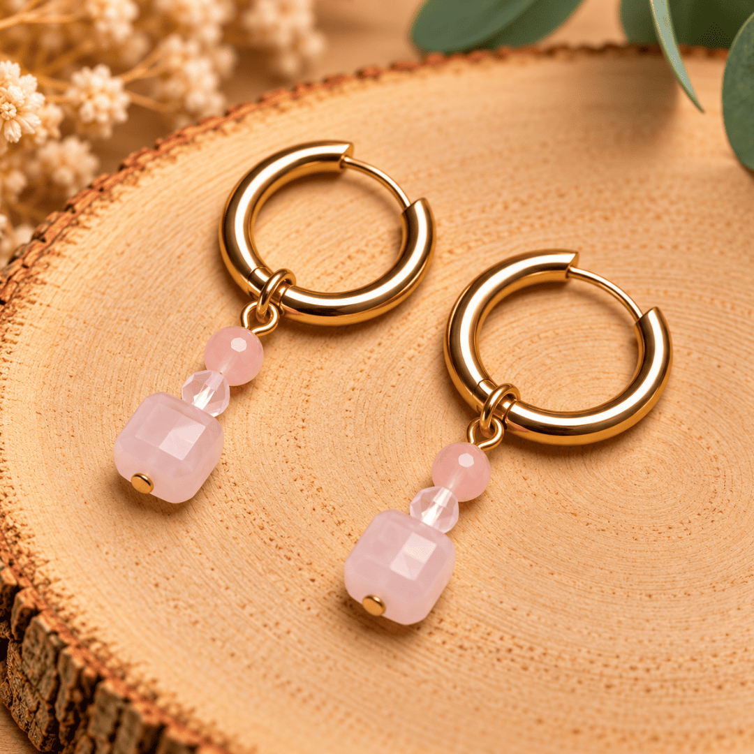 Créoles CARLA – Quartz rose et cristal de verre