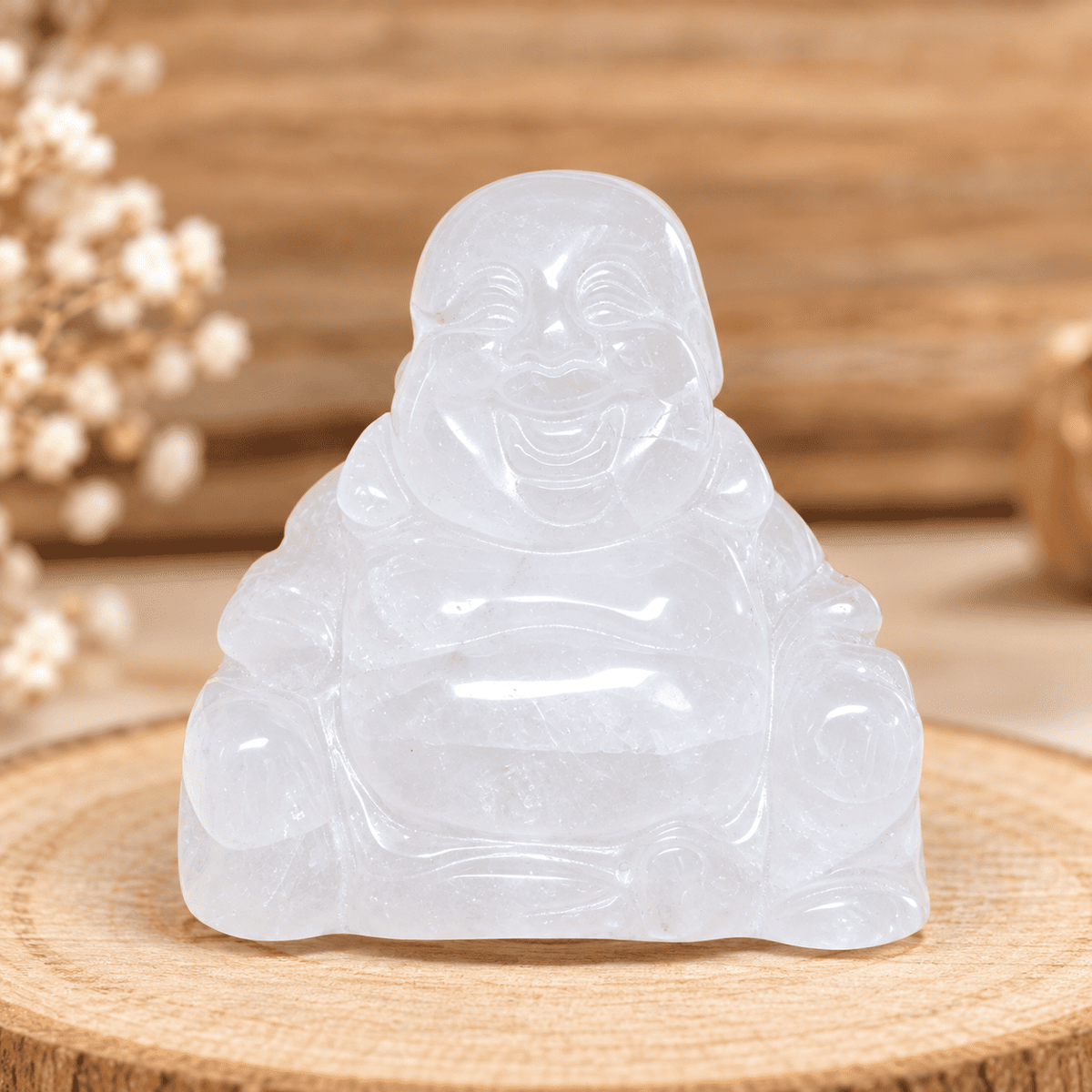 Bouddha en Cristal de Roche – Clarté & Énergie Pure