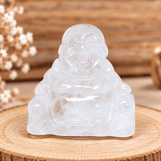 Bouddha en Cristal de Roche – Clarté & Énergie Pure