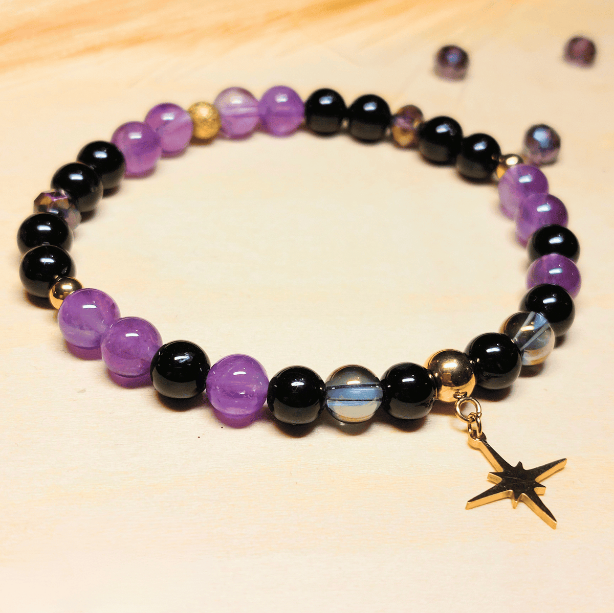 Bracelet Astéria – Améthyste, Aqua Aura & Tourmaline Noire