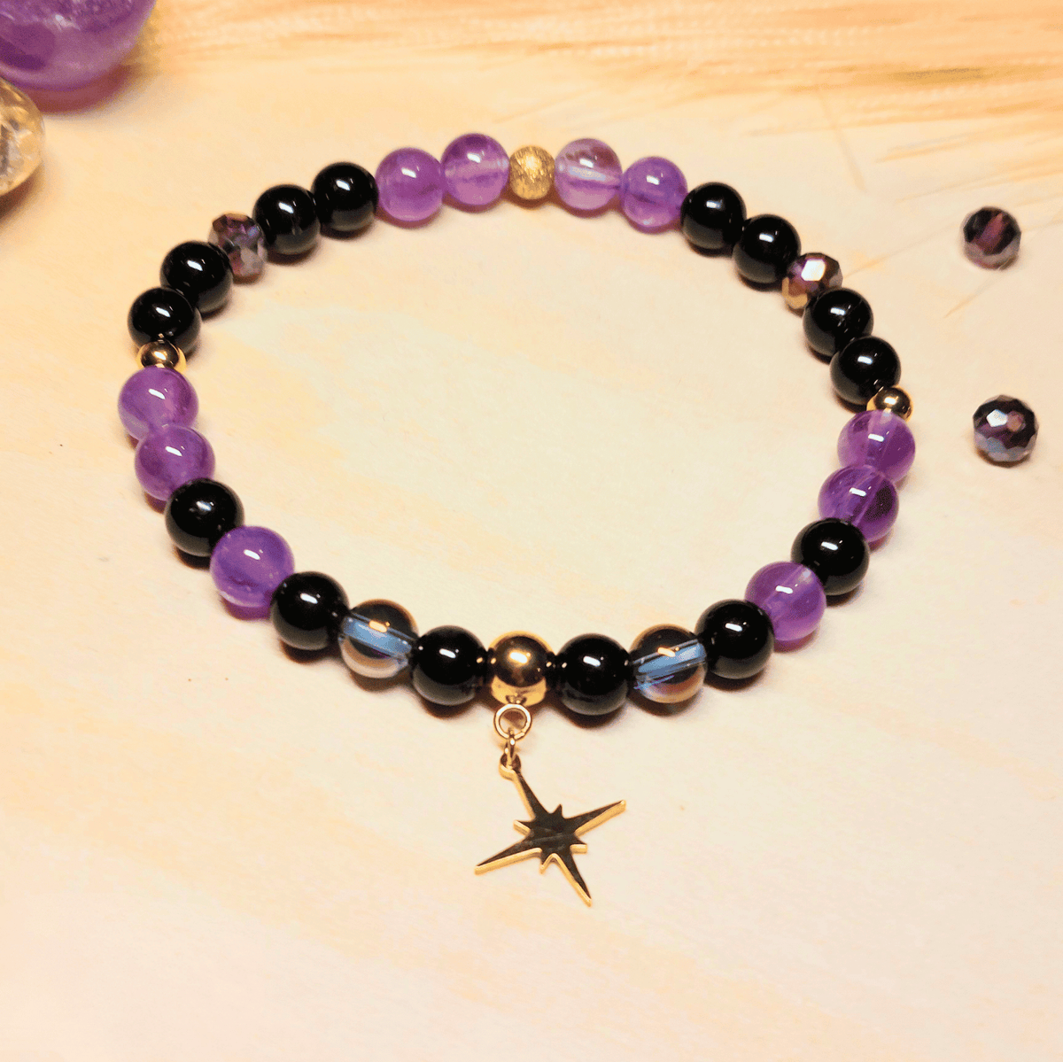 Bracelet Astéria – Améthyste, Aqua Aura & Tourmaline Noire