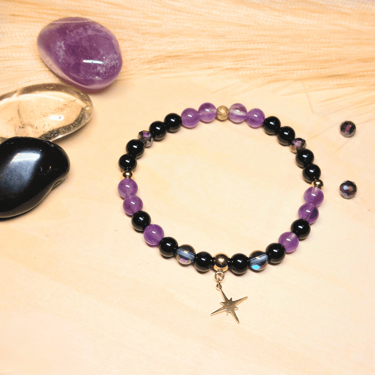 Bracelet Astéria – Améthyste, Aqua Aura & Tourmaline Noire