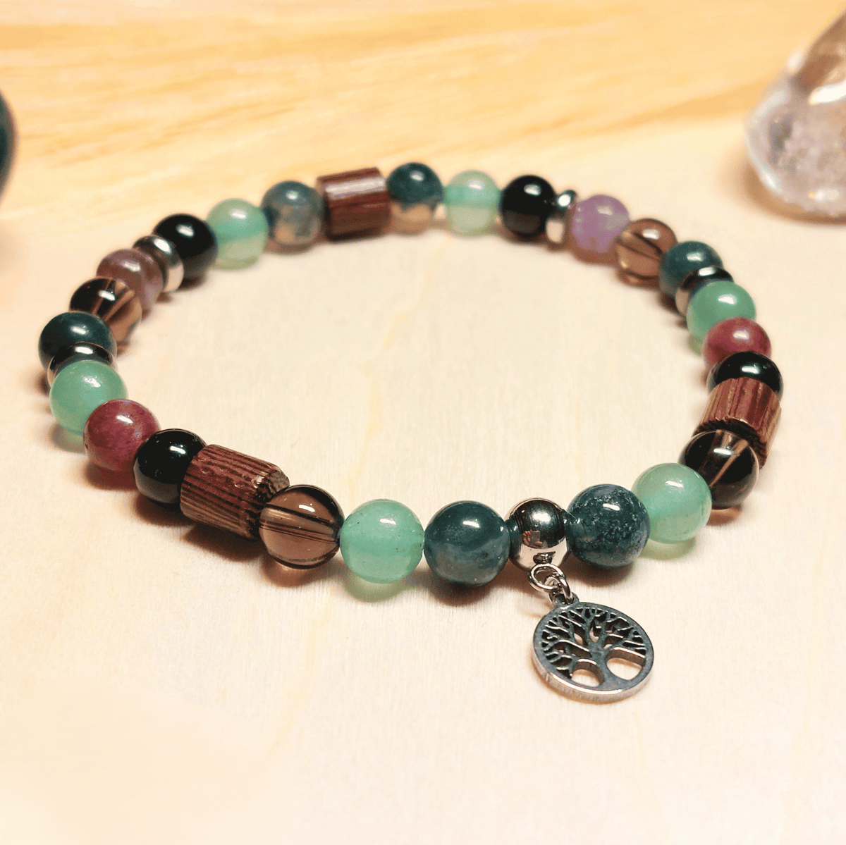 Bracelet Gaïa – Aventurine Verte, Agate Mousse, Quartz Fumé & Tourmaline