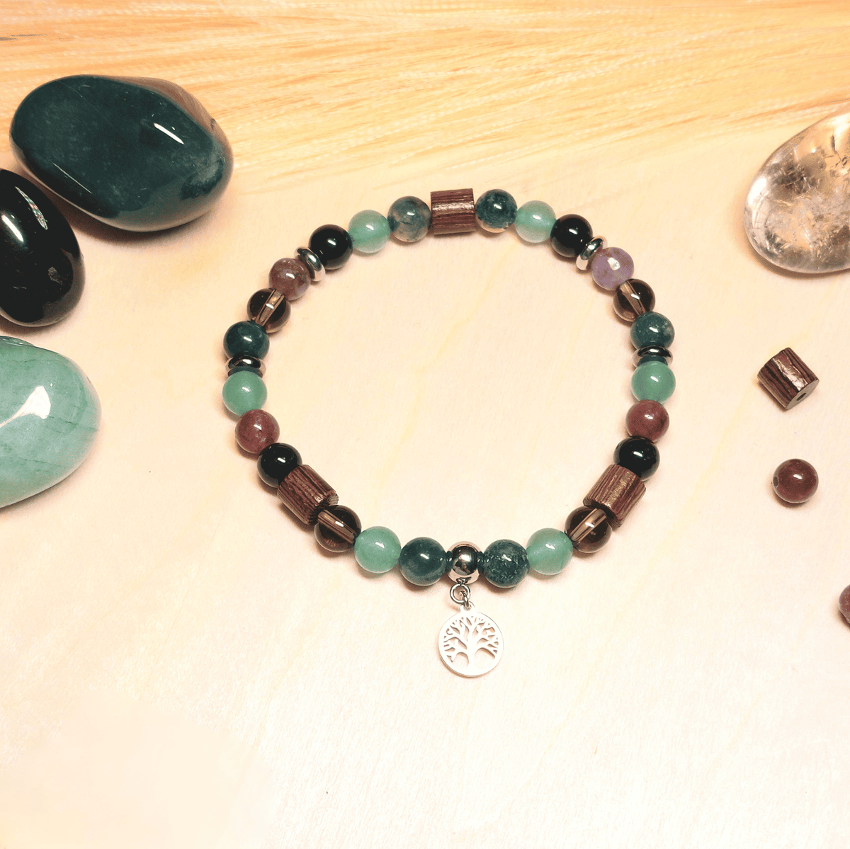 Bracelet Gaïa – Aventurine Verte, Agate Mousse, Quartz Fumé & Tourmaline