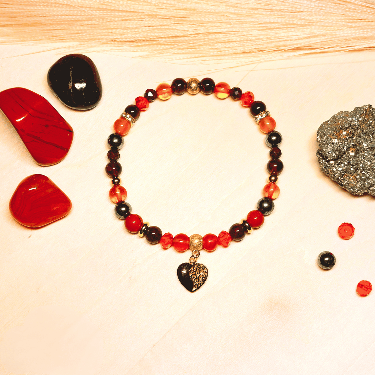 Bracelet Hestia – Grenat, Jaspe Rouge, Cornaline, Ambre & Pyrite
