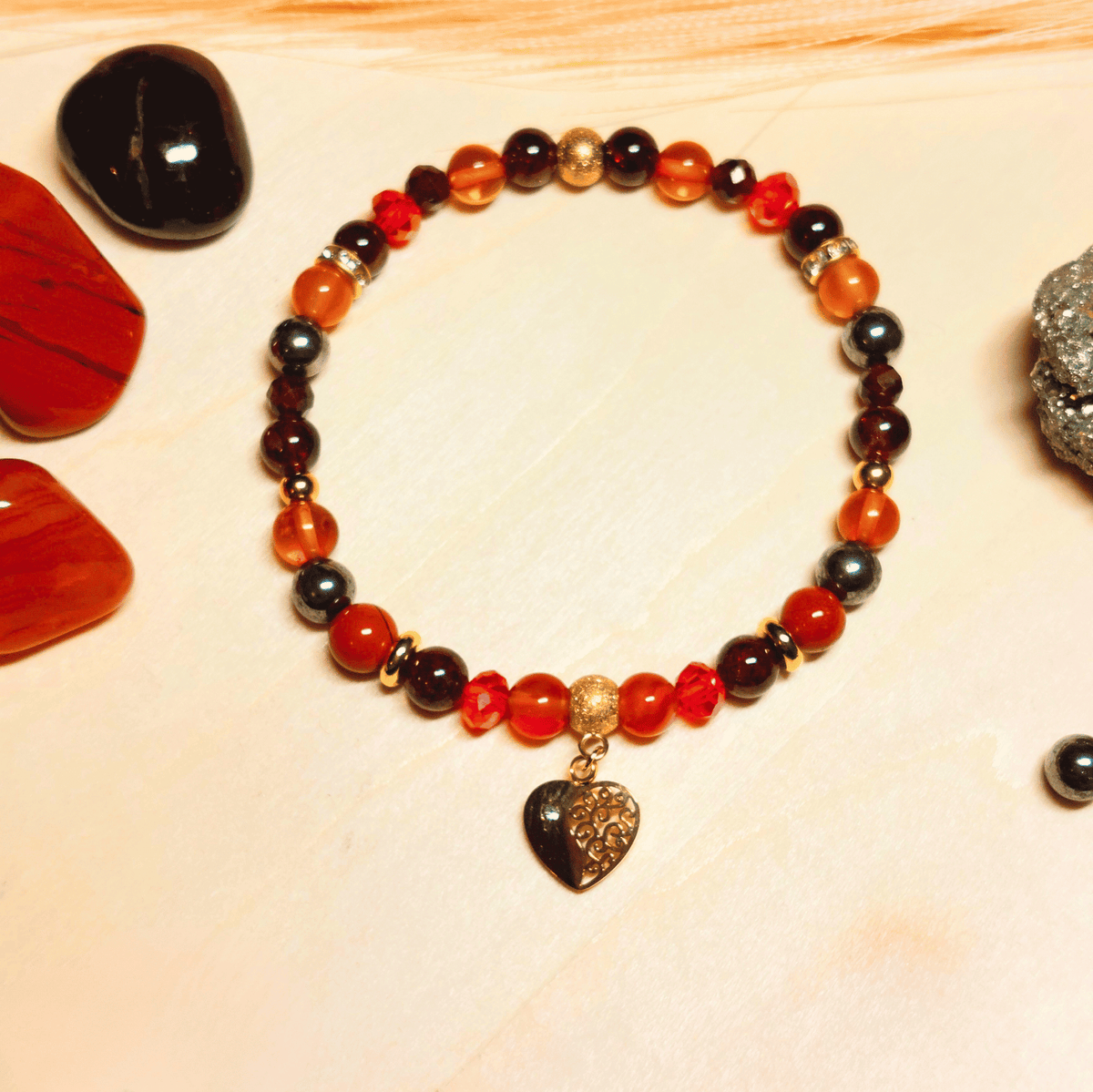 Bracelet Hestia – Grenat, Jaspe Rouge, Cornaline, Ambre & Pyrite
