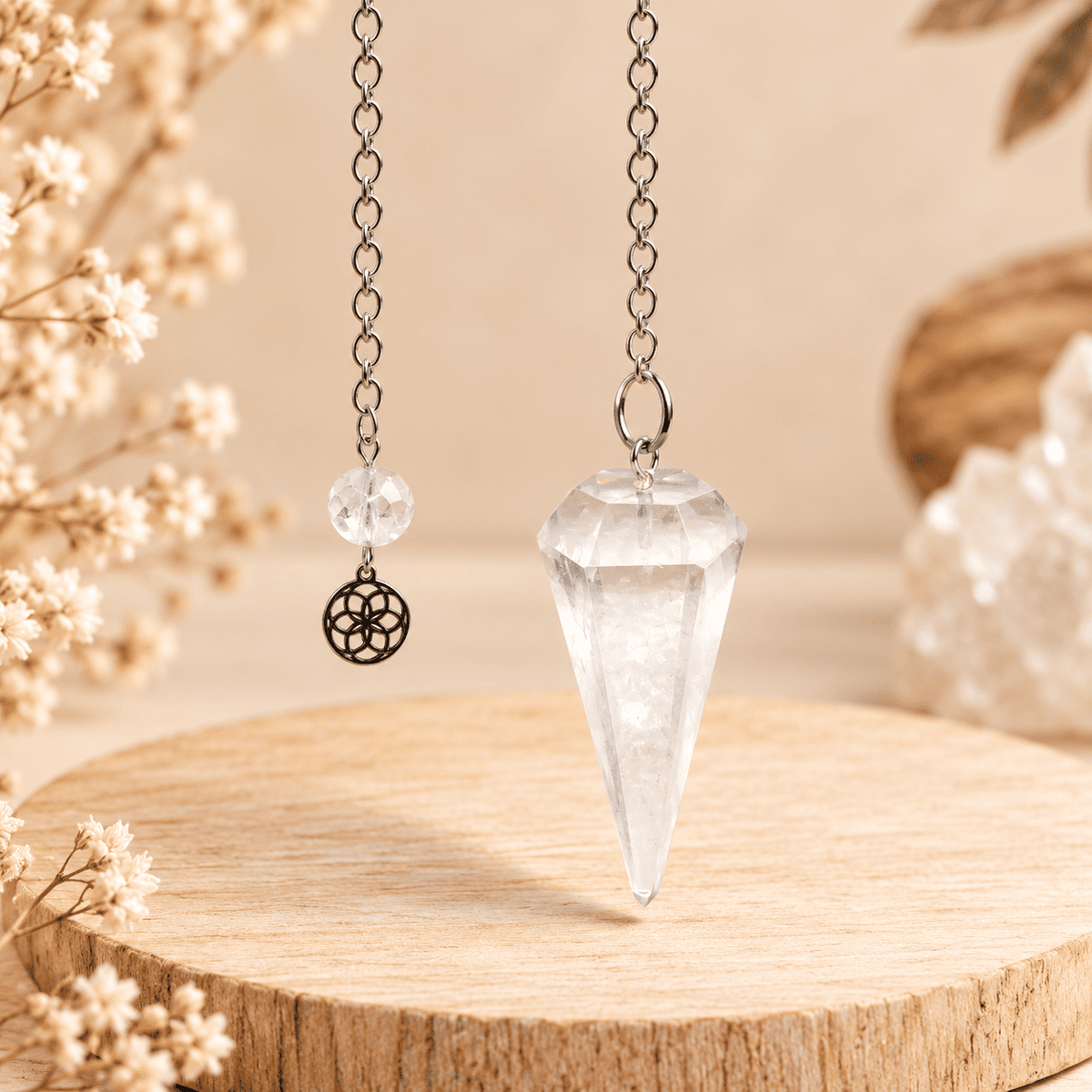 Pendule en Cristal de Roche – Pierre Naturelle – Breloque Fleur de vie | Cristal Color