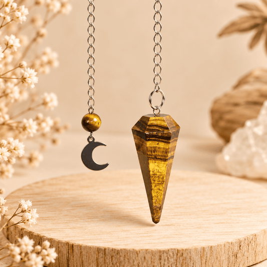 Pendule en Œil de Tigre Naturel – Breloque Lune | Cristal Color
